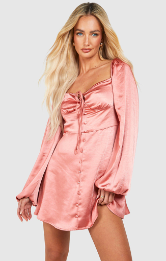 Boohoo - Satin Balloon Sleeves Milkmaid Mini Dress