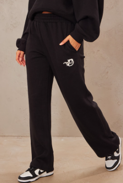 Black Logo Embroidered Wide Leg Joggers