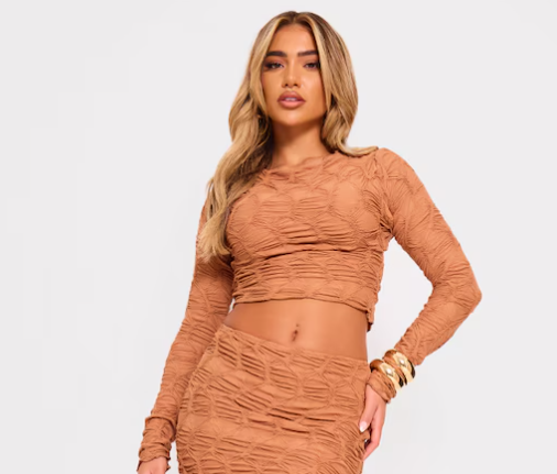 Camel Textured Long Sleeve Crop Top