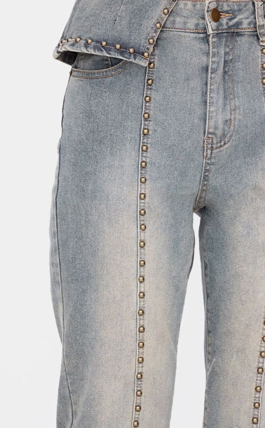 Plt - Vintage Washed Front Seam Studded Flared Jeans