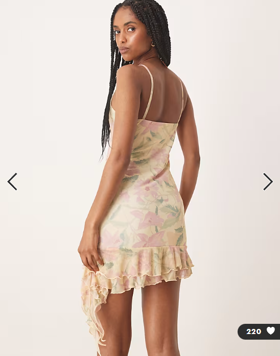 ASOS DESIGN mesh cowl neck mini dress with ruffle hem in pink ditsy print