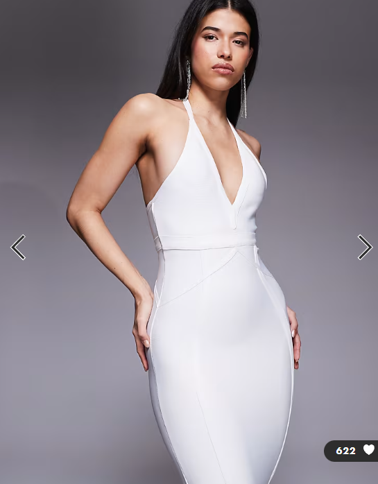 Kaiia exclusive premium sculpting bandage bodycon halterneck plunge midi dress in white