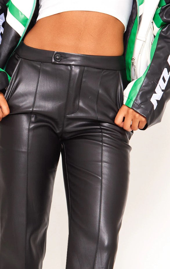 Black Faux Leather Pintuck Detail Straight Leg Trousers