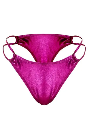 Pink Metallic Double Strap Tanga Bikini Bottoms