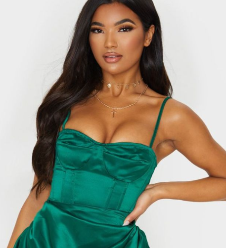 Emerald Green Satin Woven Cup Detail Strappy Corset