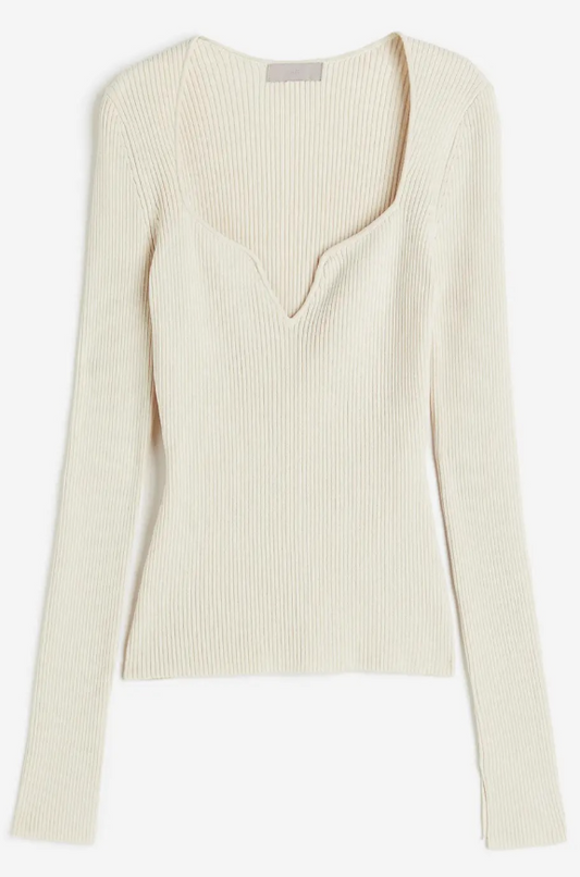H&m - RIB-KNIT SWEETHEART-NECK TOP- Cream