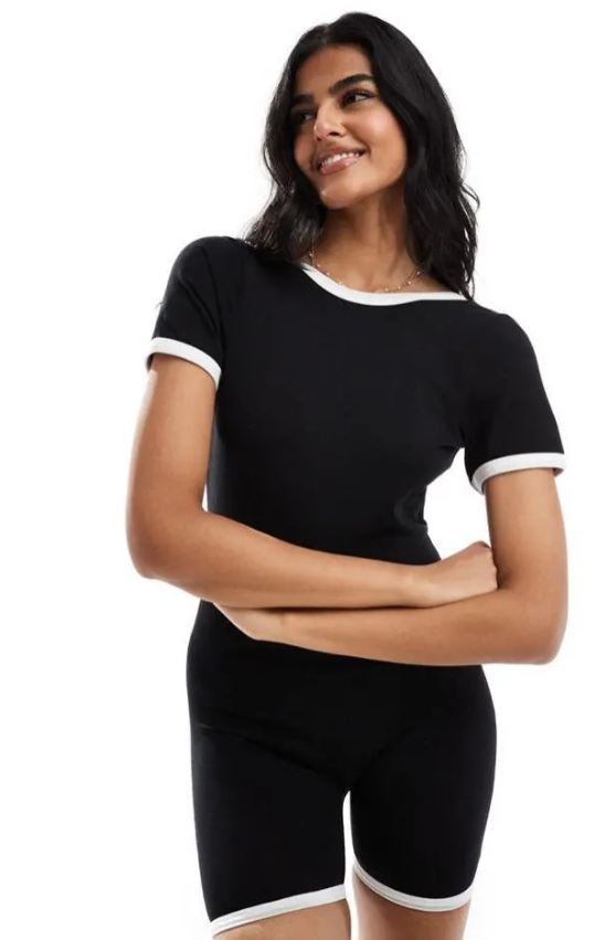 ASOS DESIGN scoop back playsuit in black with white tipping
