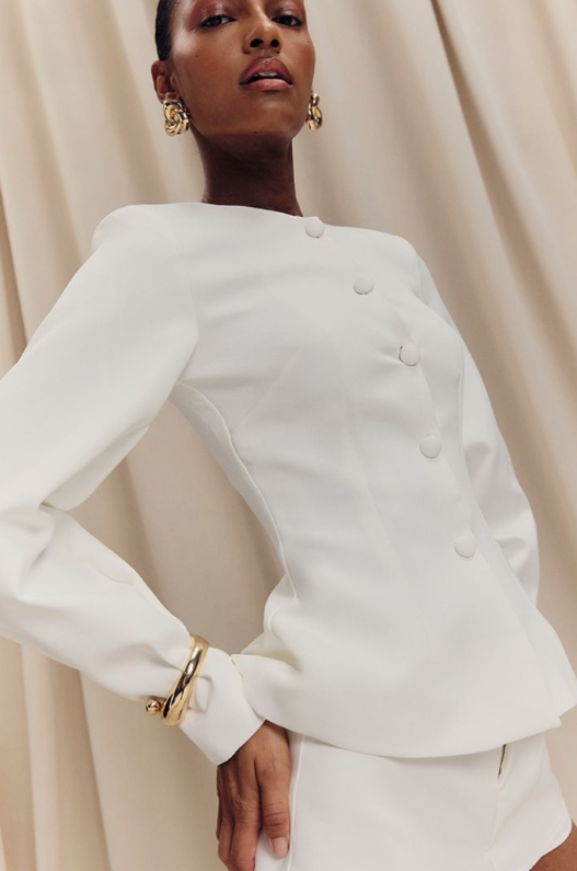 White Woven Cinched Waist Cocoon Sleeve Button Up Blazer