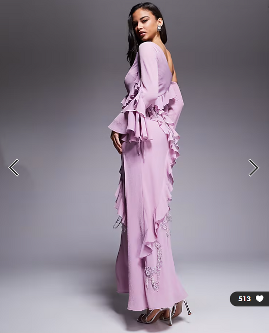 ASOS DESIGN raw edge ruffle embellished maxi dress with asymmetric sleeves in pink