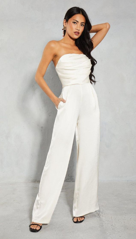Satin Bandeau Ruched Bust Straight Leg Jumpsuit