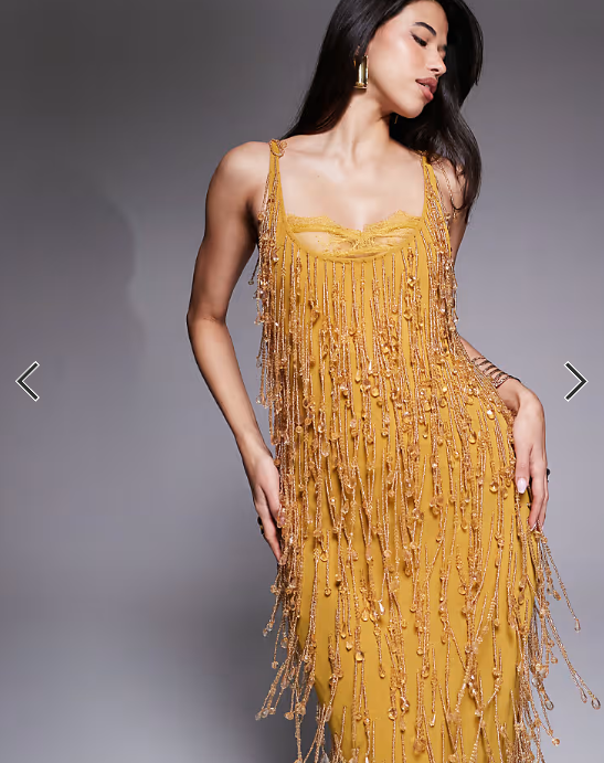 ASOS DESIGN embellished midi dress with sheer lace lining in mustard
