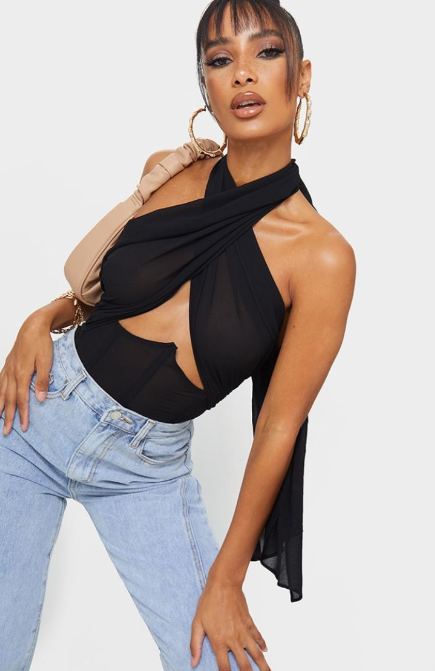 Black Chiffon Halterneck Underbust Corset Detail Bodysuit