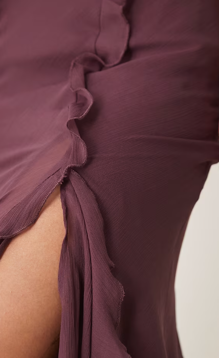 ASOS DESIGN flutter sleeve ruffle godet maxi dress in aubergine