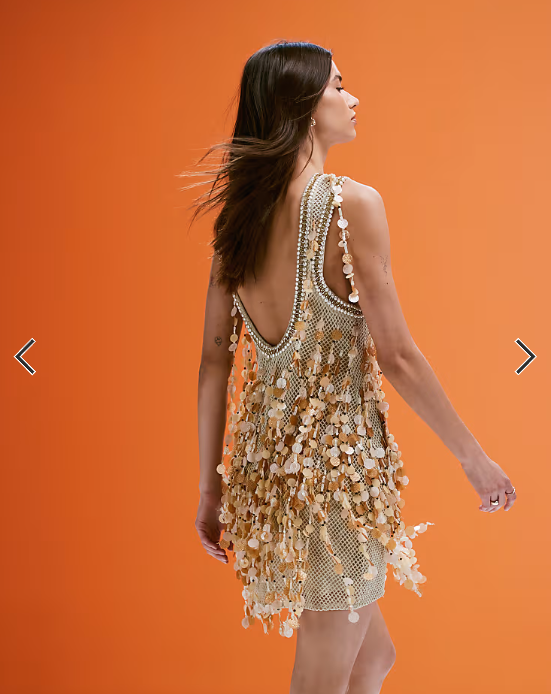 ASOS DESIGN crochet mini dress with shell effect fringe beading in natural