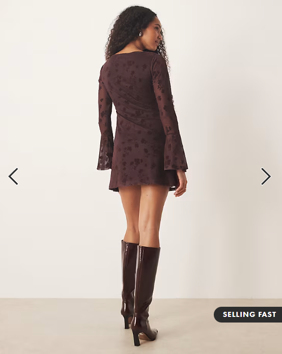 ASOS DESIGN flocked floral mini dress with flute sleeve in chocolate brown