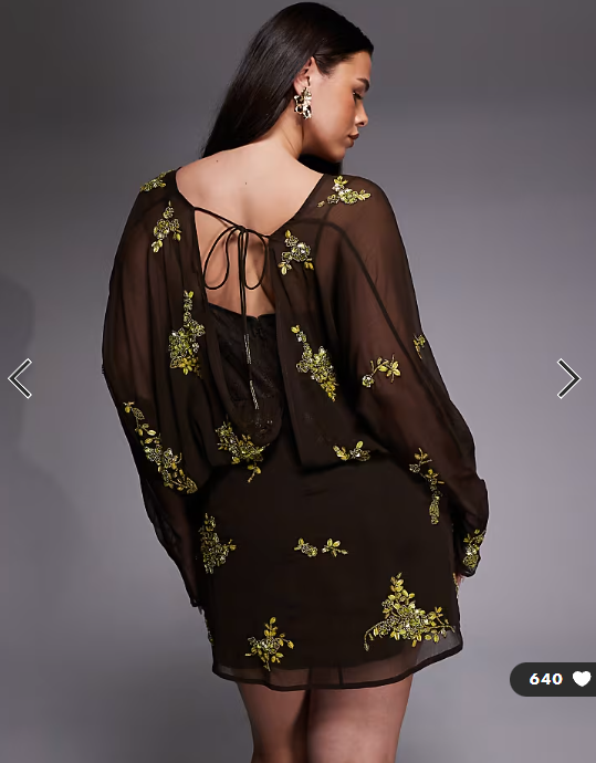 ASOS DESIGN Curve batwing embellished slouchy hip mini dress with lace cami in chocolate and lime