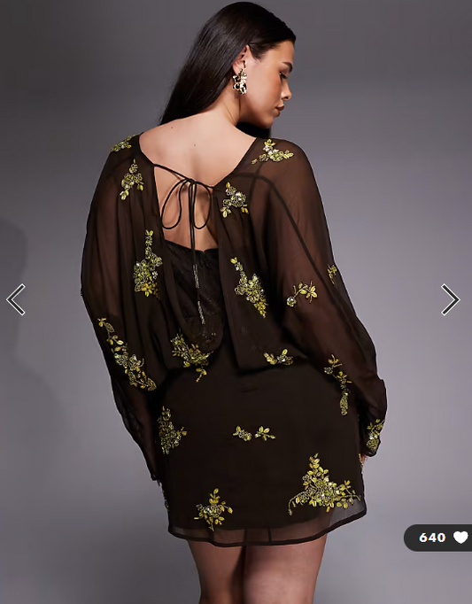 ASOS DESIGN Curve batwing embellished slouchy hip mini dress with lace cami in chocolate and lime