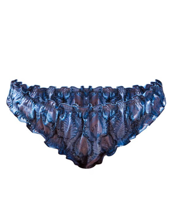 Blue Paisley Print Contrast Stitch Ruffle Bikini Bottoms