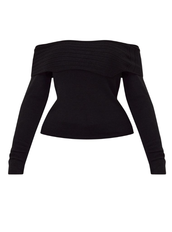 Plus Black Knitted Asymmetric Foldover Top