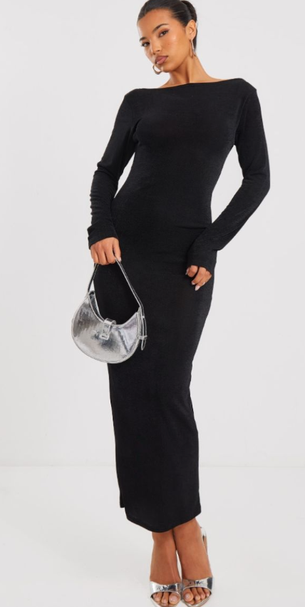 Black Acetate Slinky Long Sleeve Slash Neck Open Back Maxi Dress
