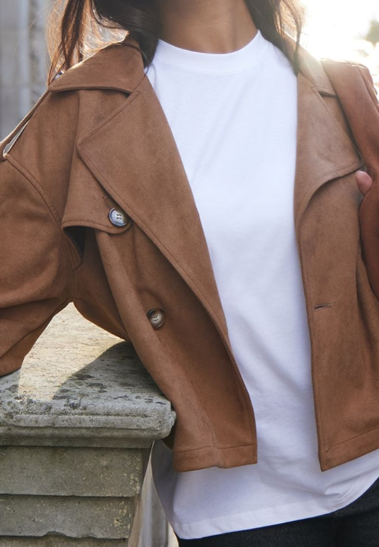 Brown Faux Suede Double Breasted Cropped Trench Coat