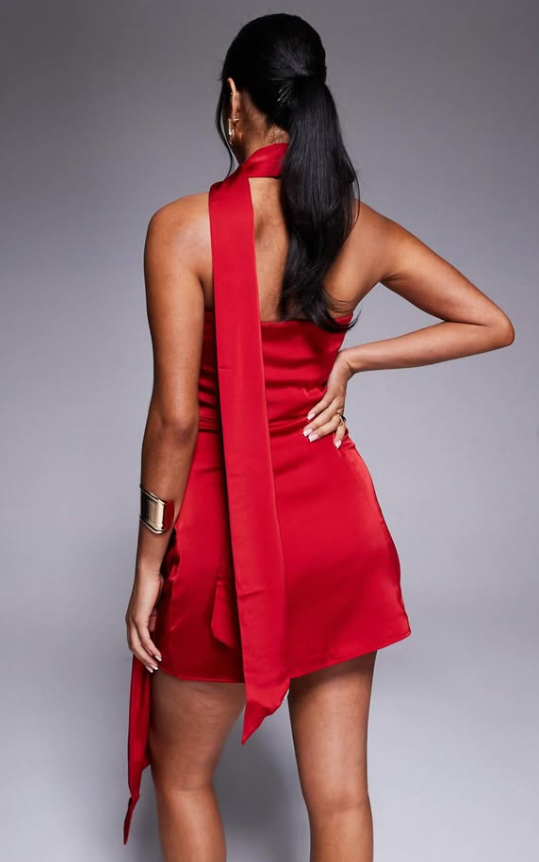 Oh Polly Camila scarf neck strapless mini dress in scarlet red