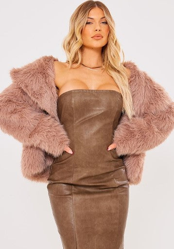 Brown Washed Faux Leather Bandeau Dress