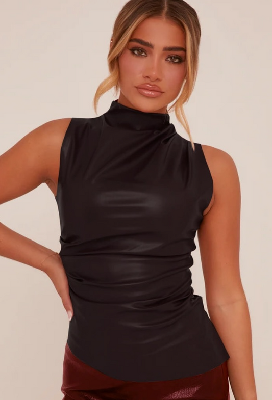 Rebellious - BLACK FAUX LEATHER RUCHED TOP - DANICA