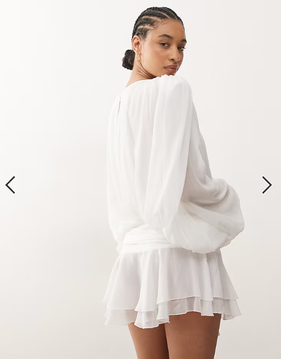 Lioness Elements petite chiffon drape detail balloon sleeve tie waist mini dress in white