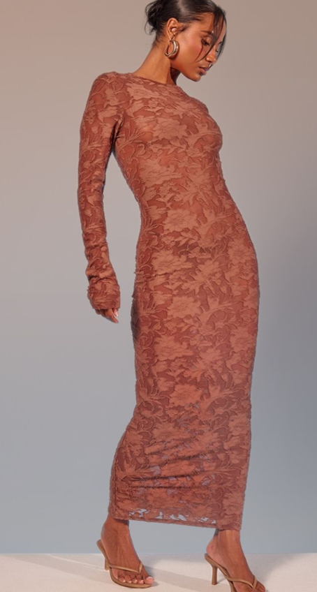 Mocha Floral Sheer Burnout Long Sleeve Maxi Dress