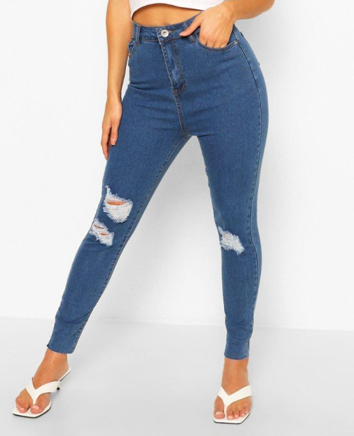 Boohoo - High Rise Super Distressed Skinny Jean - mid blue