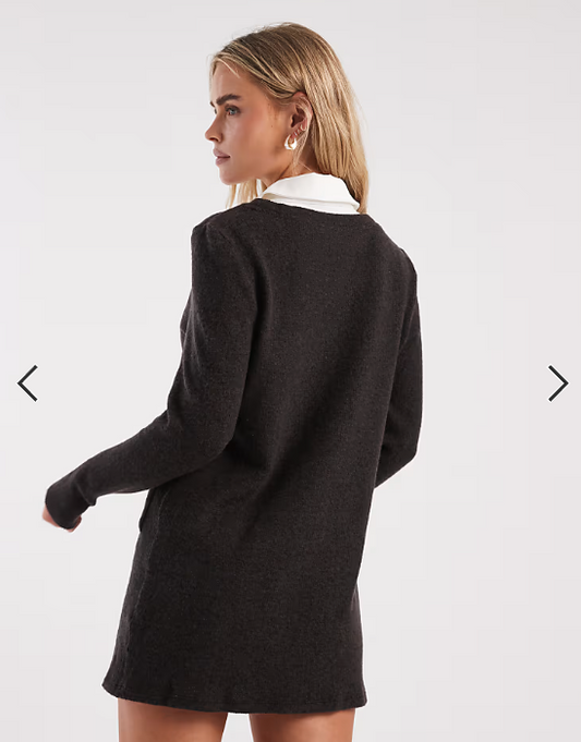 Vero Moda Petite 2 in 1 long sleeve knitted mini dress with poplin collar in black