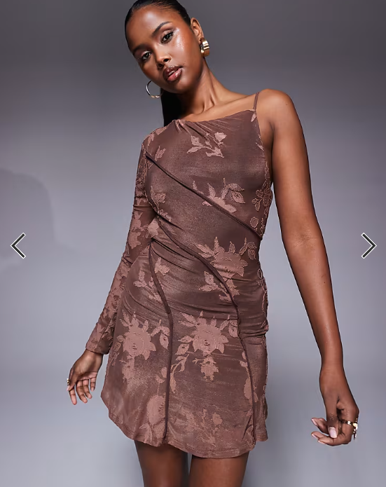 ASOS DESIGN devore one sleeve mini dress with open back and exposed seam details in brown