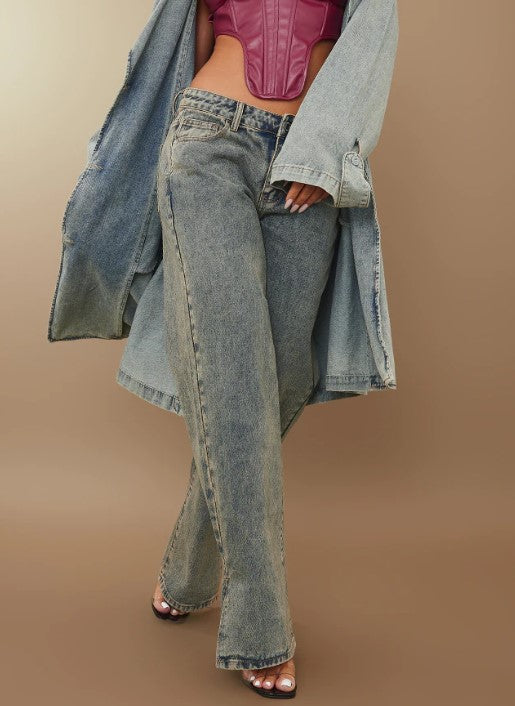 Vintage Wash Mid Rise Split Hem Jeans