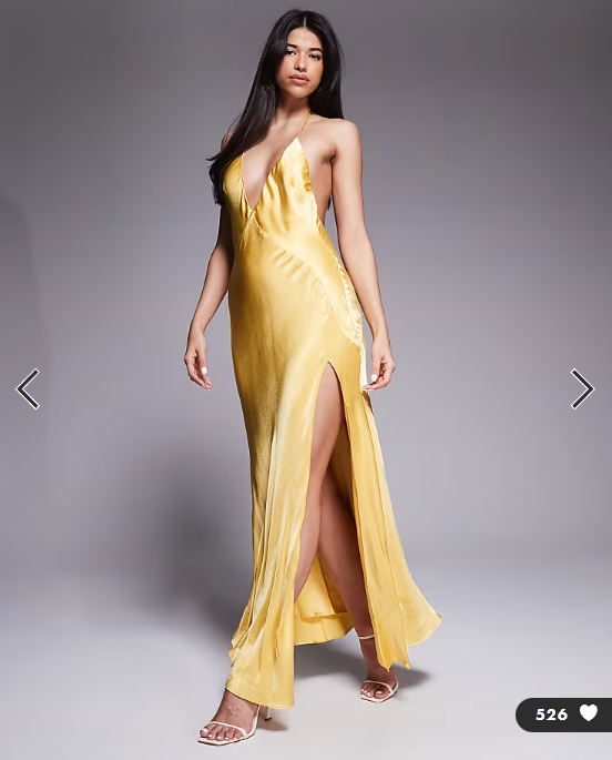 Bardot Yve satin plunge halter neck low back slit front midaxi dress in yellow