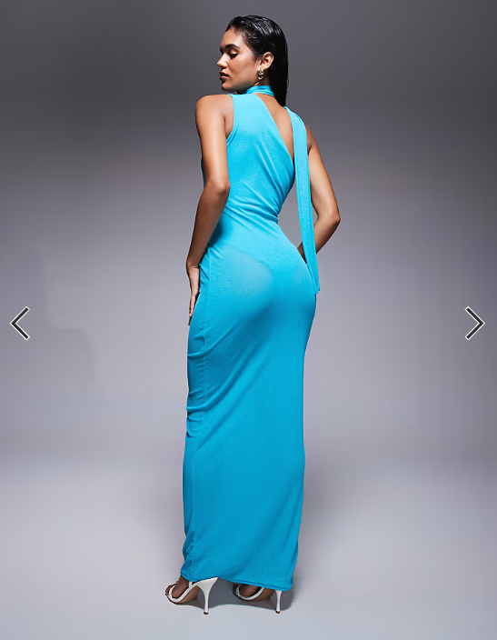 Kaiia exclusive one shoulder mesh scarf detail sheer maxi dress in aquamarine