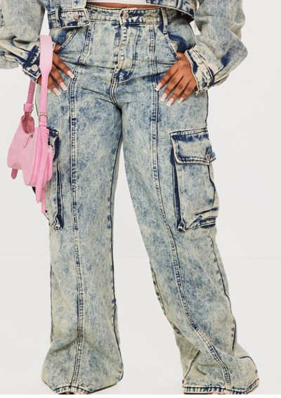 Plt - Plus Light Blue Acid Wash Pocket Detail Cargo Wide Leg Jeans