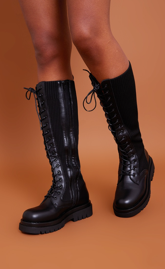 Black Pu Contrast Knitted Lace Up Knee Chunky Boots