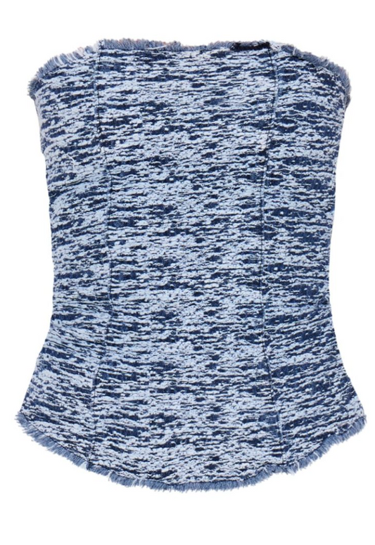 Mid Blue Wash Wave Textured Denim Zip Up Bandeau Top