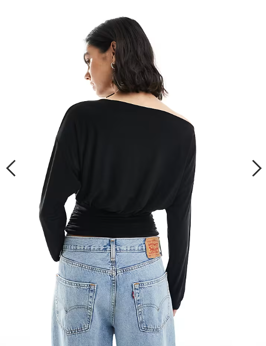 ASOS DESIGN slinky asymmetric one shoulder long sleeve top with cinch waist detail in black
