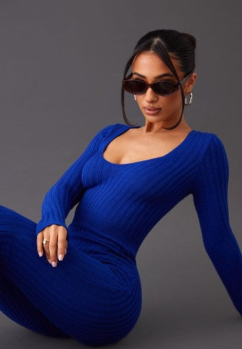 Petite Royal Blue Long Sleeve Knitted Jumpsuit