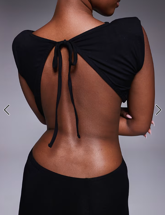 ASOS DESIGN VE shoulder pad twist waist midi dress in black