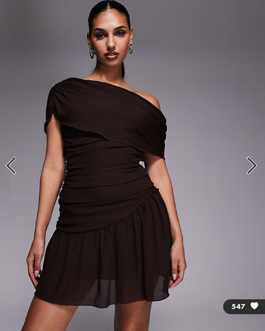 Fashionkilla exclusive chiffon off shoulder asymmetric hem gathered mini dress in chocolate
