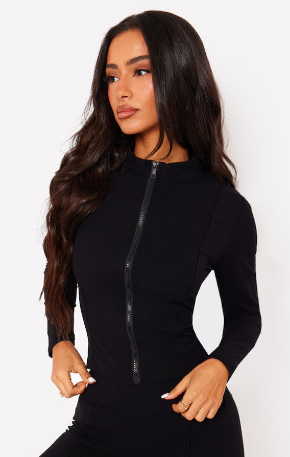 Petite Black Contour Sculpt Seam Detail Zip Up Top