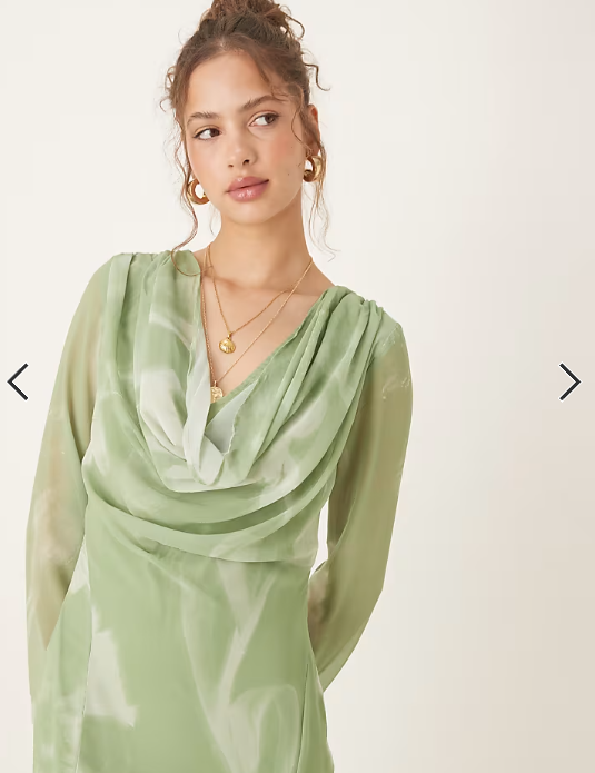 ASOS DESIGN cowl neck maxi dress with godet hem in blurred green print