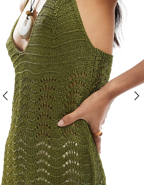 Miss Selfridge deep v neck knitted crochet maxi dress in dark olive