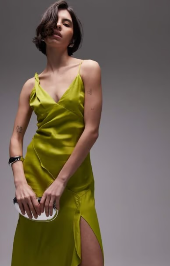 Topshop twist shoulder exposed seam midi slip dress in lime green