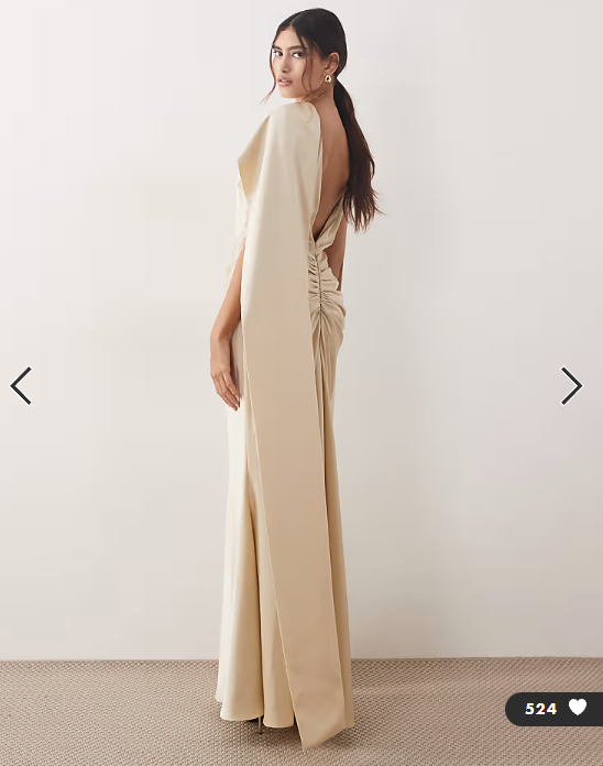 ARRANGE pleated waist high neck back drape satin maxi dress in champagne