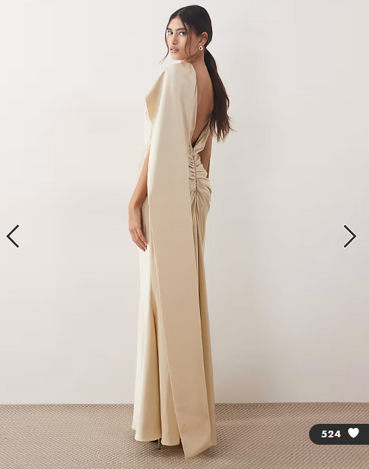 ARRANGE pleated waist high neck back drape satin maxi dress in champagne