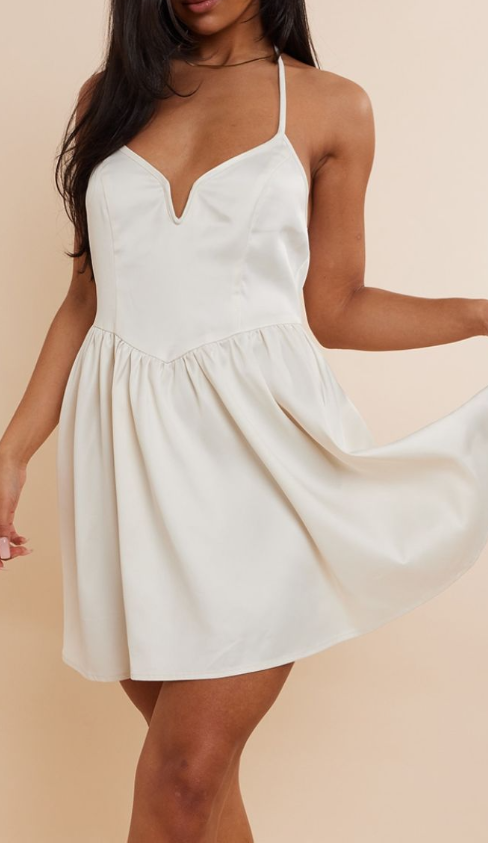 Champagne Satin Halterneck Plunge Skater Dress